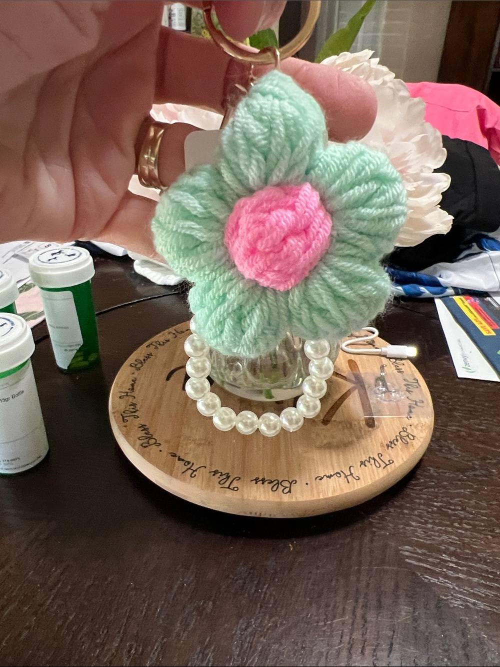 New Princess Handmade Mint & Pink Yarn Flower Keychain with Pearl Bead Loop